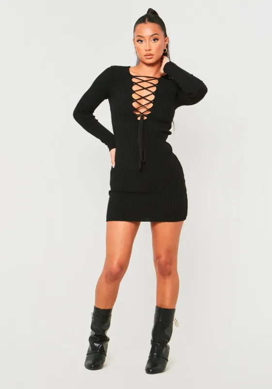 Janette Black Knitted Mini Dress With Tie Front sold by Missy Empire