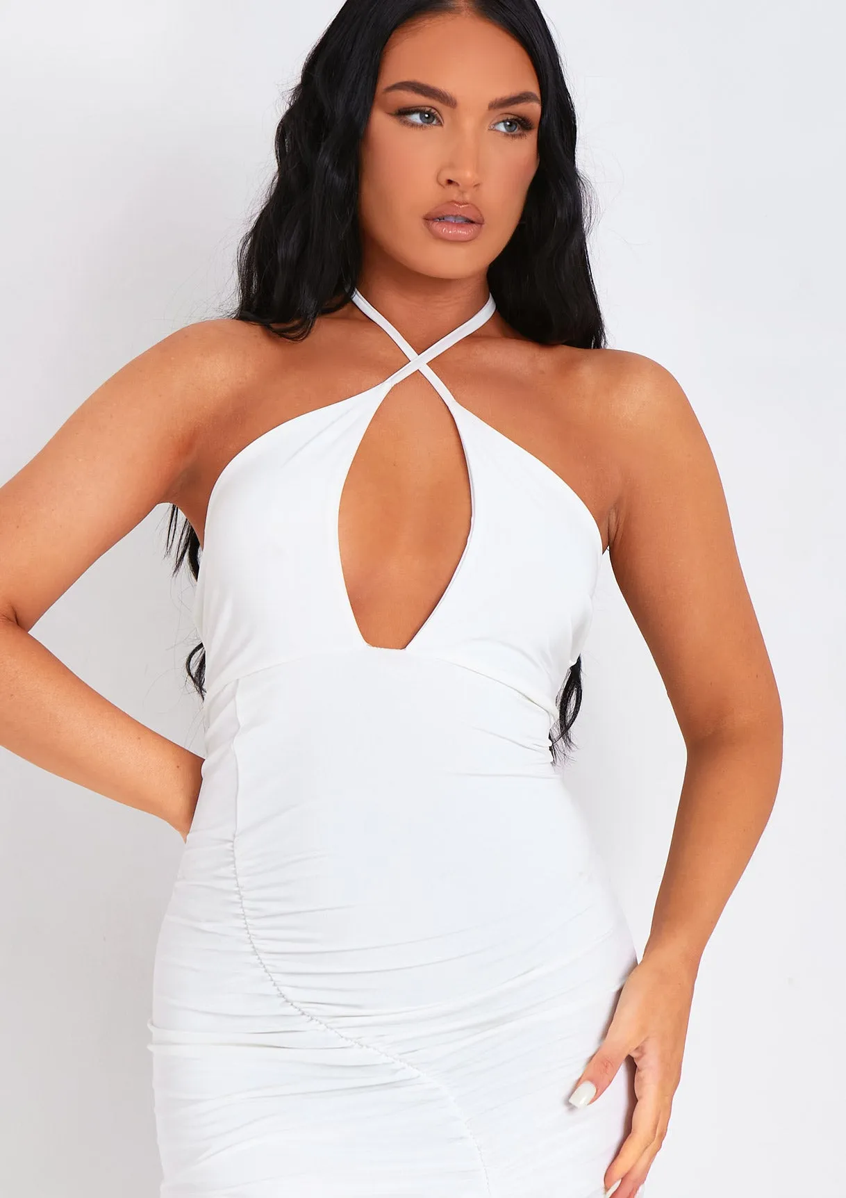 Lucy White Halter Neck Cross Over Ruched Midi Dress sold by Missy Empire product image thumbnail 5
