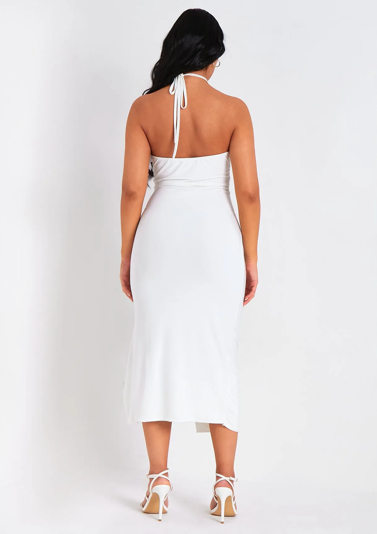 Lucy White Halter Neck Cross Over Ruched Midi Dress sold by Missy Empire product image thumbnail 3