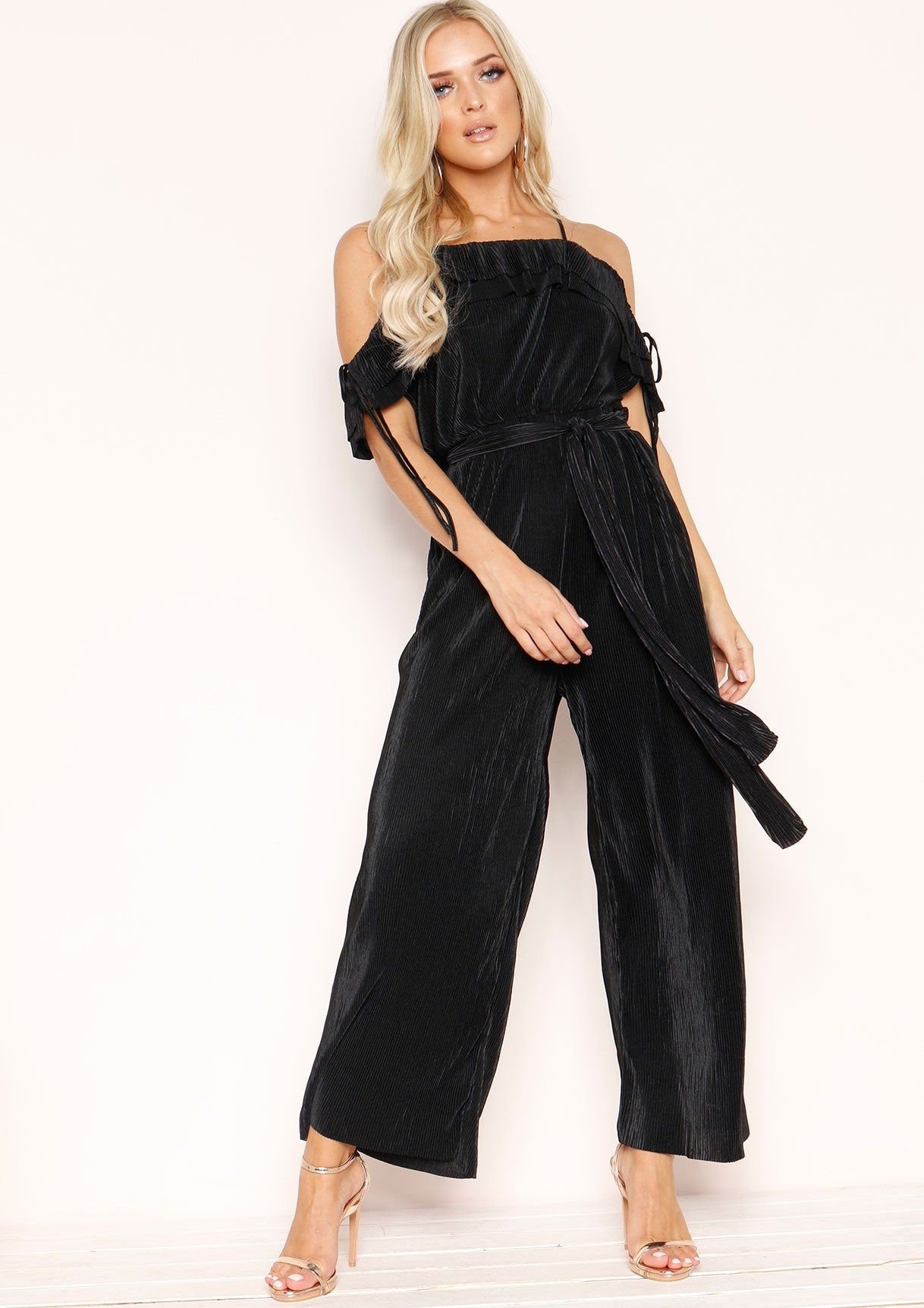 Esmae Black Pleated Cold Shoulder Jumpsuit sold by Missy Empire