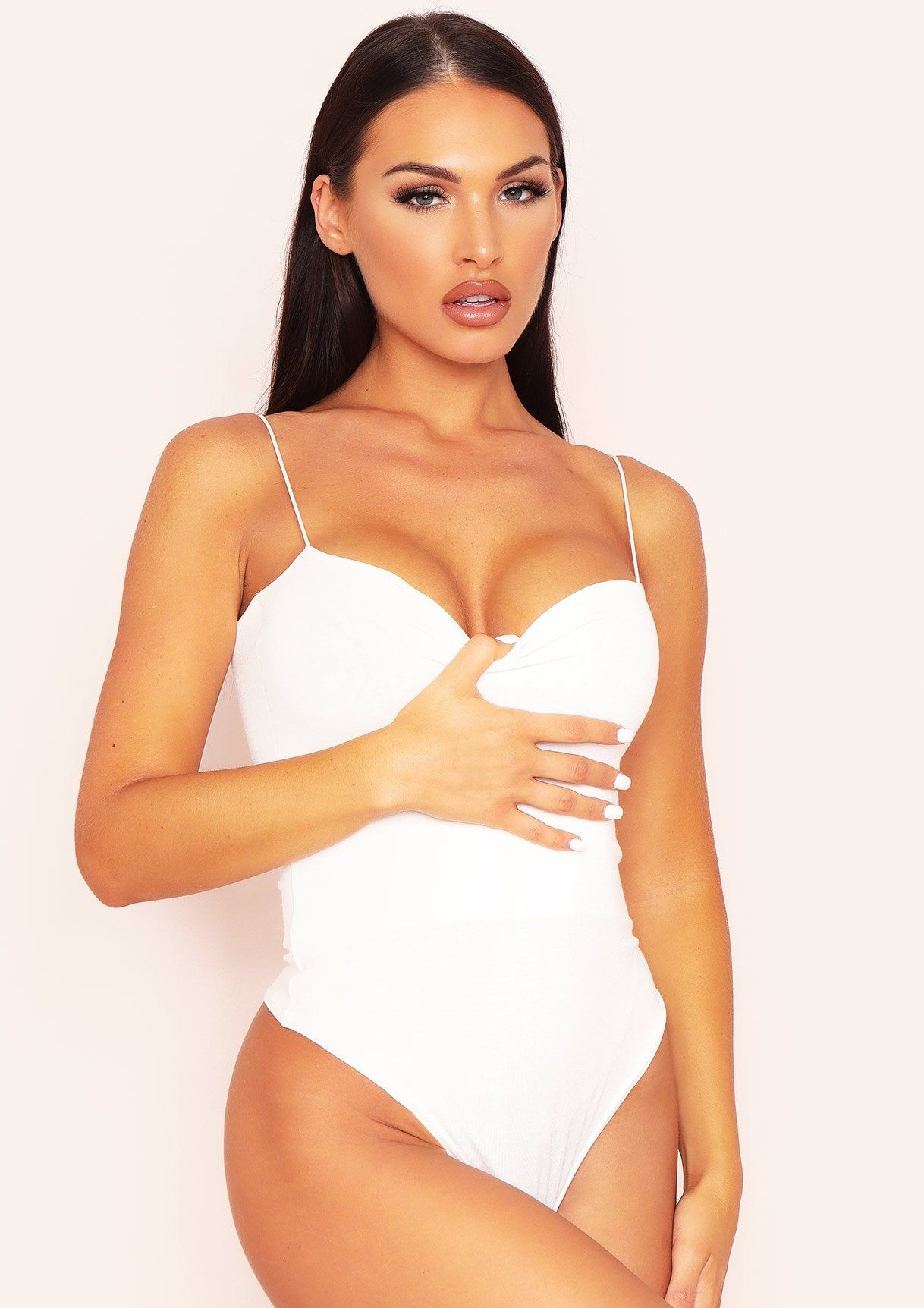 Derri Ivory Spaghetti Strap Double Thickness Jersey Bodysuit sold by Missy Empire product image thumbnail 4