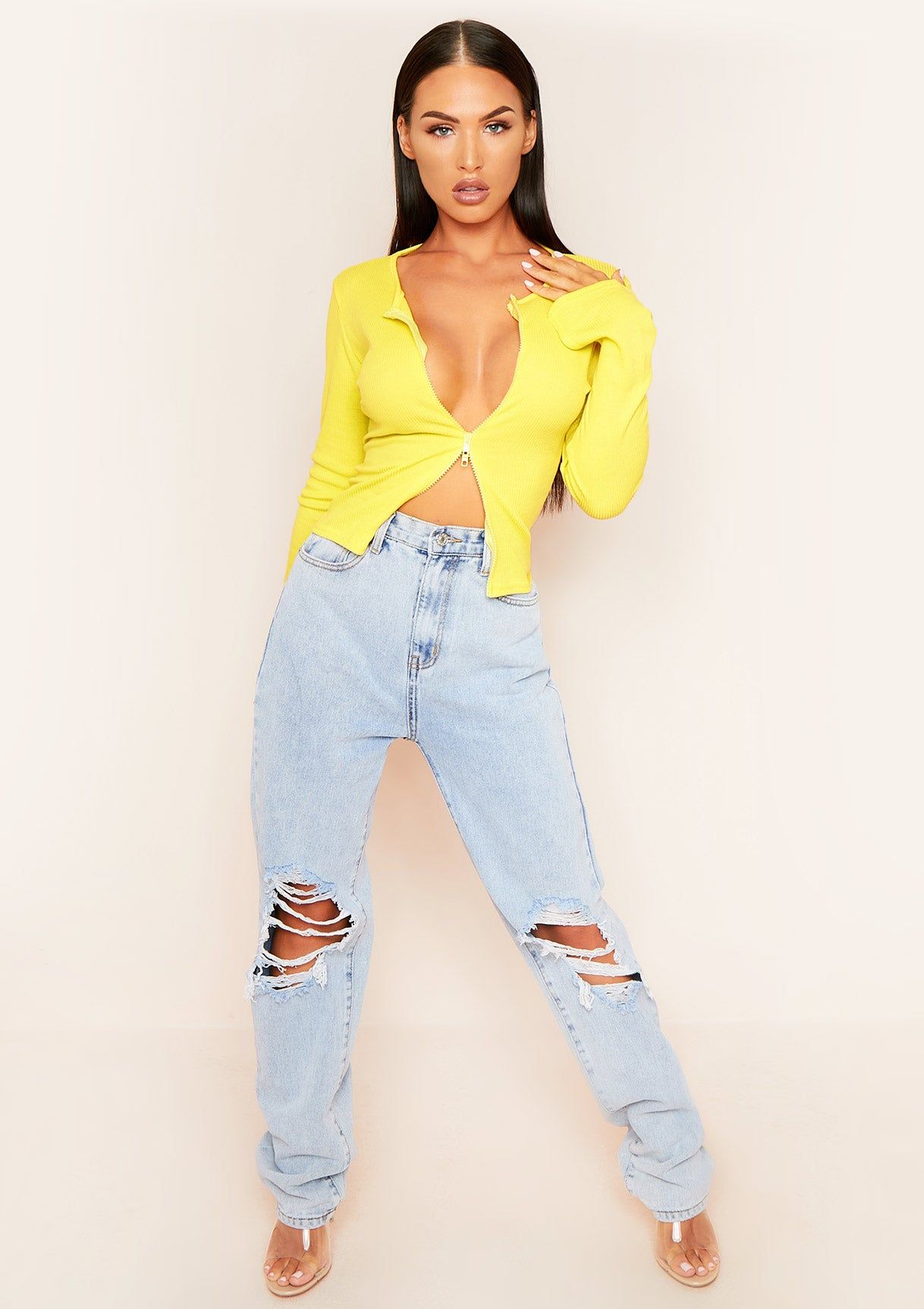 Elliana Lemon Yellow Ribbed Double Zip Top sold by Missy Empire product image thumbnail 2