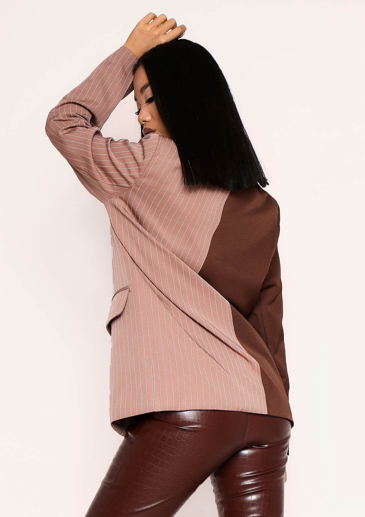 Larna Nude Pinstripe Spliced Double Breasted Longline Blazer sold by Missy Empire product image thumbnail 4