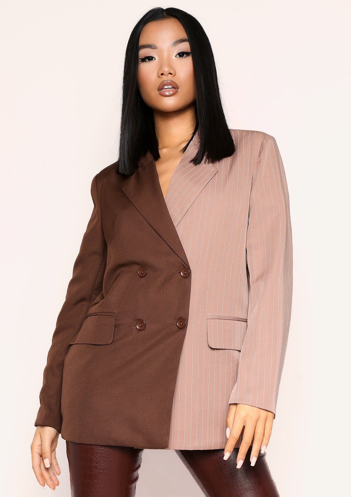 Larna Nude Pinstripe Spliced Double Breasted Longline Blazer sold by Missy Empire