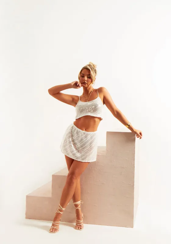 Eden Ivory Sequin Knitted Mini Skirt sold by Missy Empire