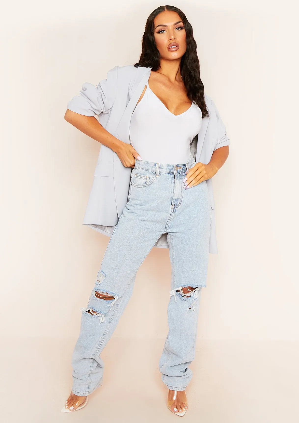 Sidra Light Grey Smooth Plunge Strappy Bodysuit sold by Missy Empire product image thumbnail 4