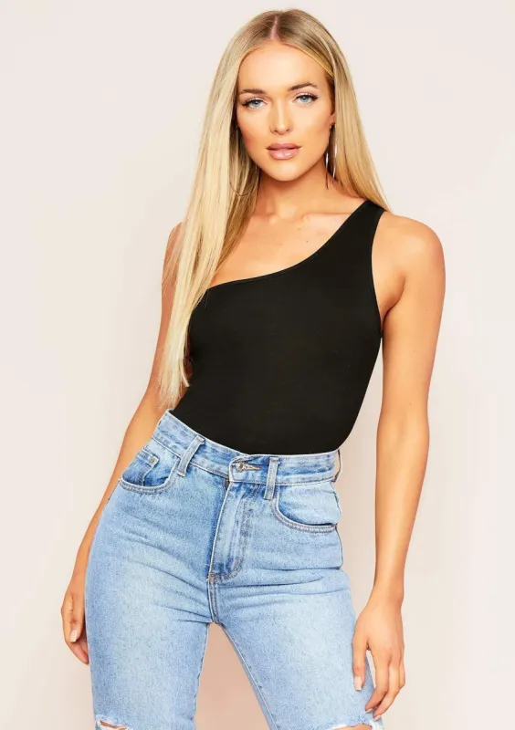 Nina Black One Shoulder Bodysuit sold by Missy Empire