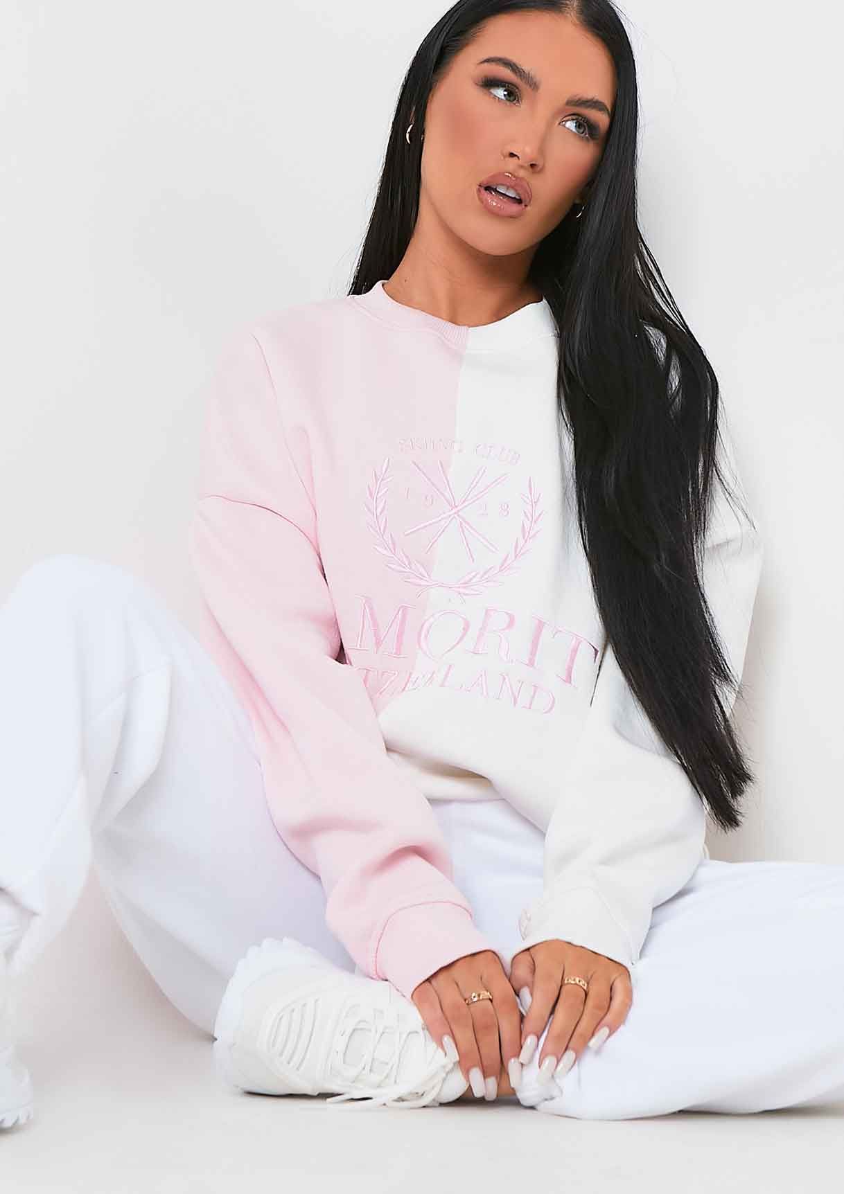 Zee Pink Spliced St Moritz Slogan Oversized Sweatshirt sold by Missy Empire