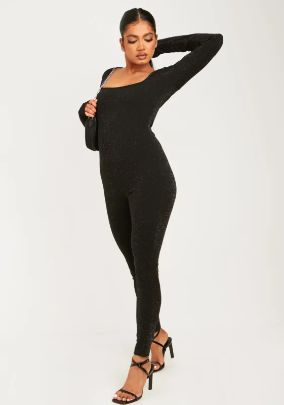 Stacey Black Glitter Square Neck Jumpsuit made by Missy Empire
