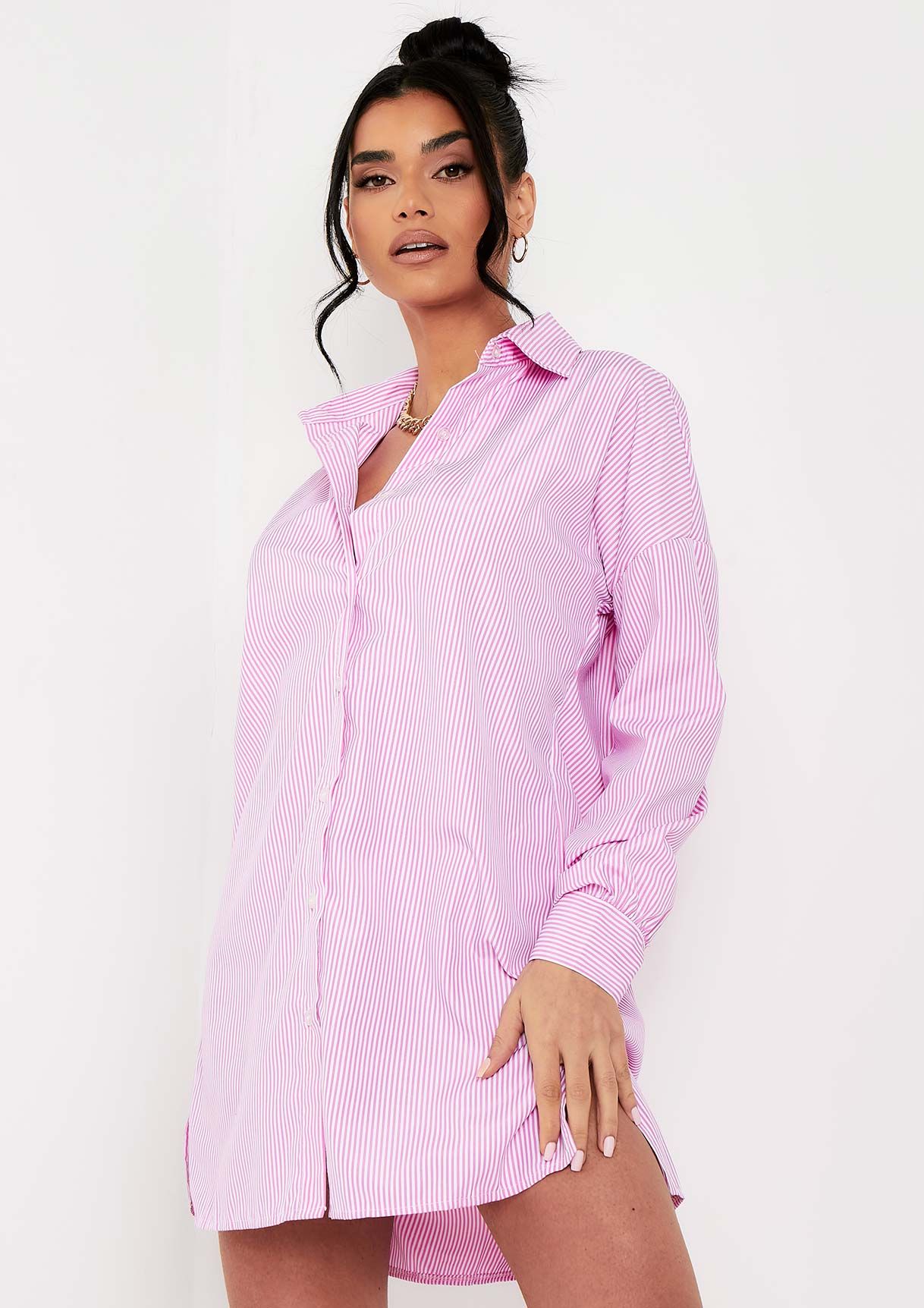 Reina Pink Pinstripe Oversized Shirt sold by Missy Empire
