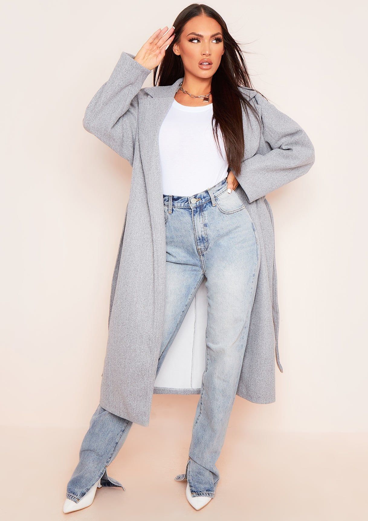 Pixie Grey Maxi Length Oversized Belted Coat sold by Missy Empire