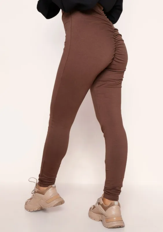 Alaya Chocolate Ruched Bum Thick Jersey Leggings sold by Missy Empire