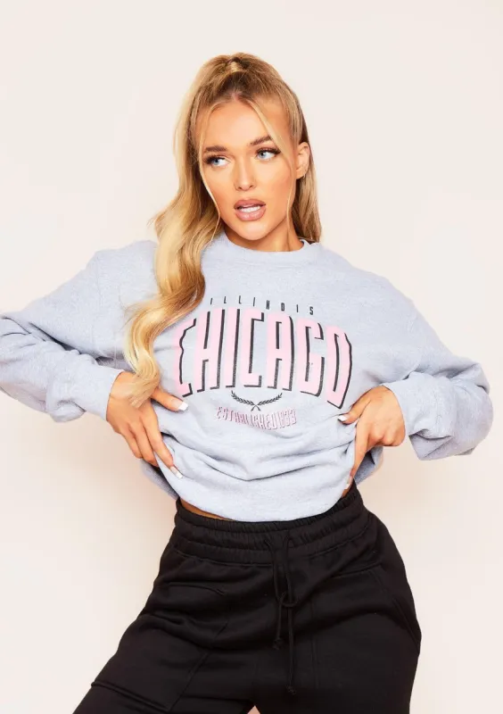 Kait Grey Marl Chicago Slogan Oversized Sweatshirt sold by Missy Empire