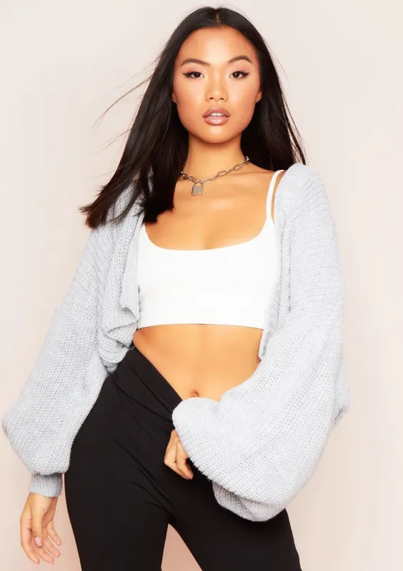 Mary Grey Balloon Sleeve Cropped Knitted Cardigan sold by Missy Empire