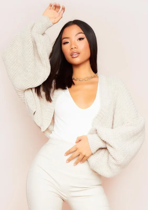 Mary Beige Balloon Sleeve Cropped Knitted Cardigan sold by Missy Empire