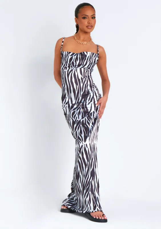 Hannah Zebra Print Satin Lace Up Back Maxi Dress made by Missy Empire
