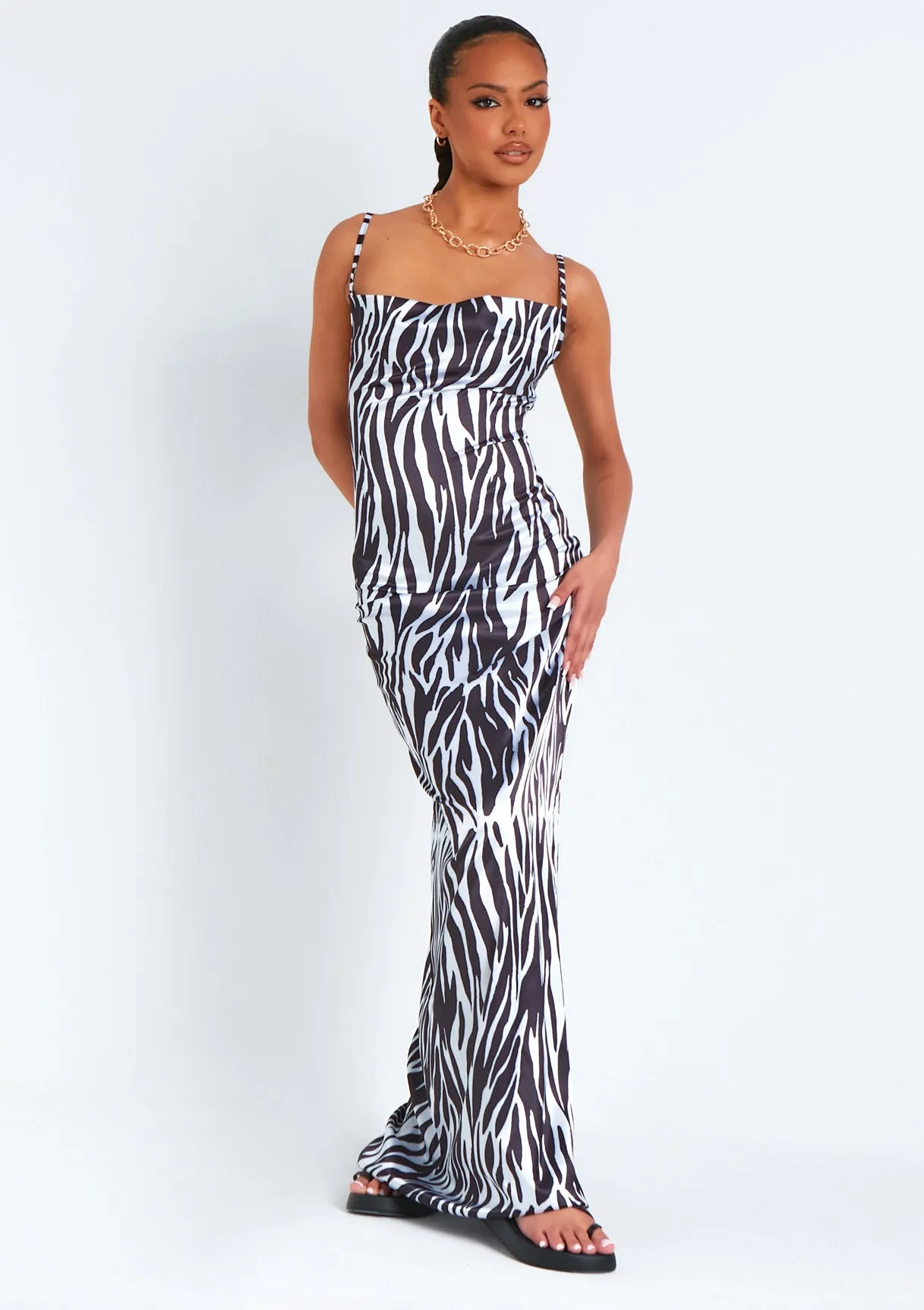 Hannah Zebra Print Satin Lace Up Back Maxi Dress sold by Missy Empire