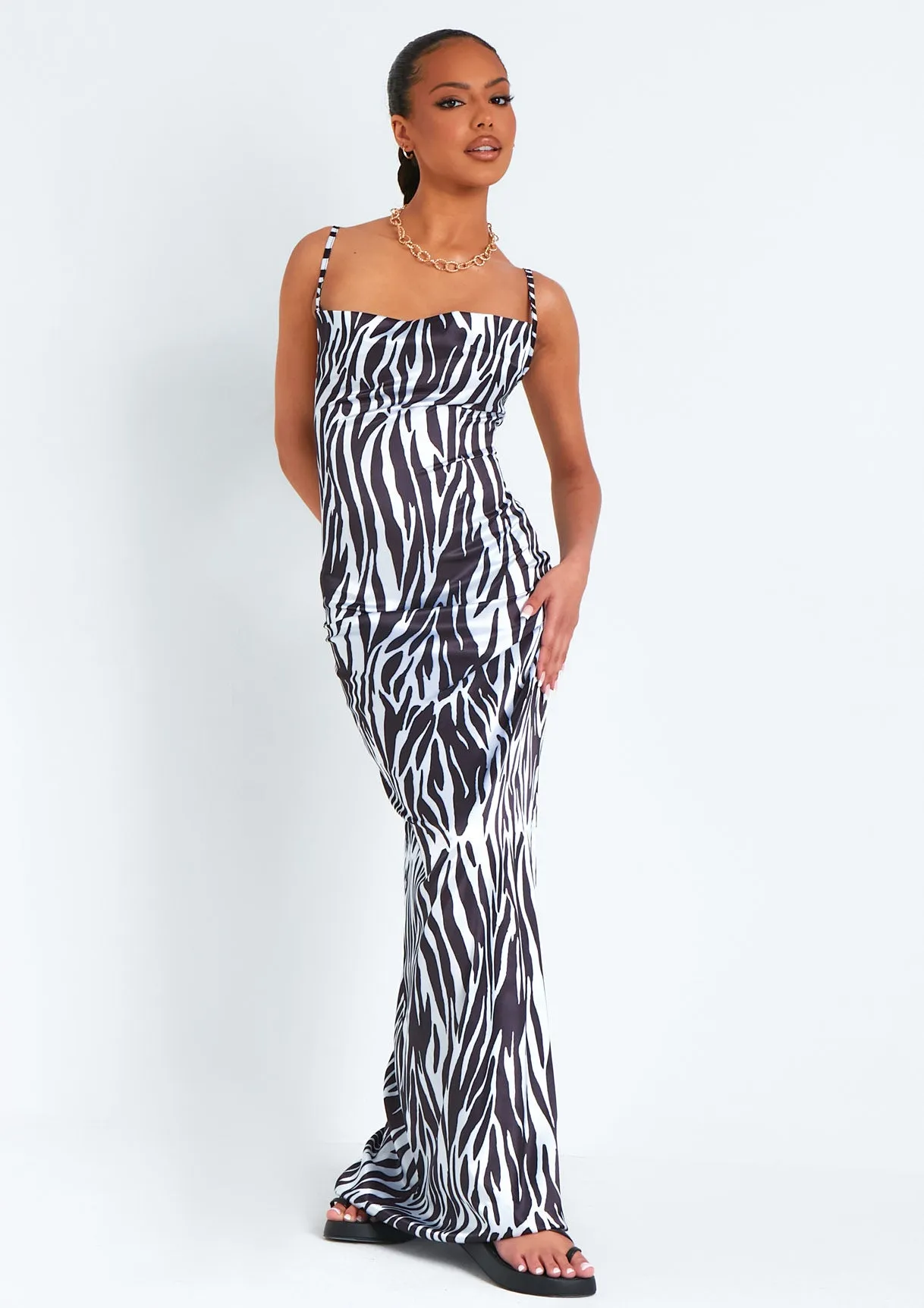 Hannah Zebra Print Satin Lace Up Back Maxi Dress sold by Missy Empire product image thumbnail 5