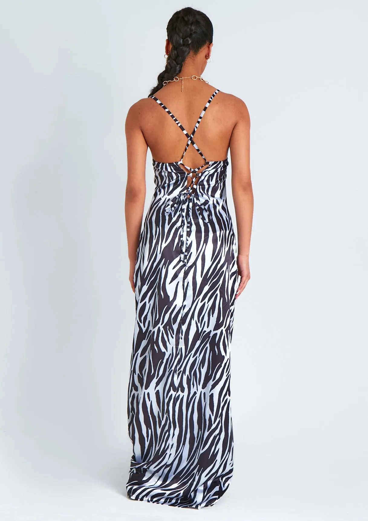 Hannah Zebra Print Satin Lace Up Back Maxi Dress sold by Missy Empire product image thumbnail 3