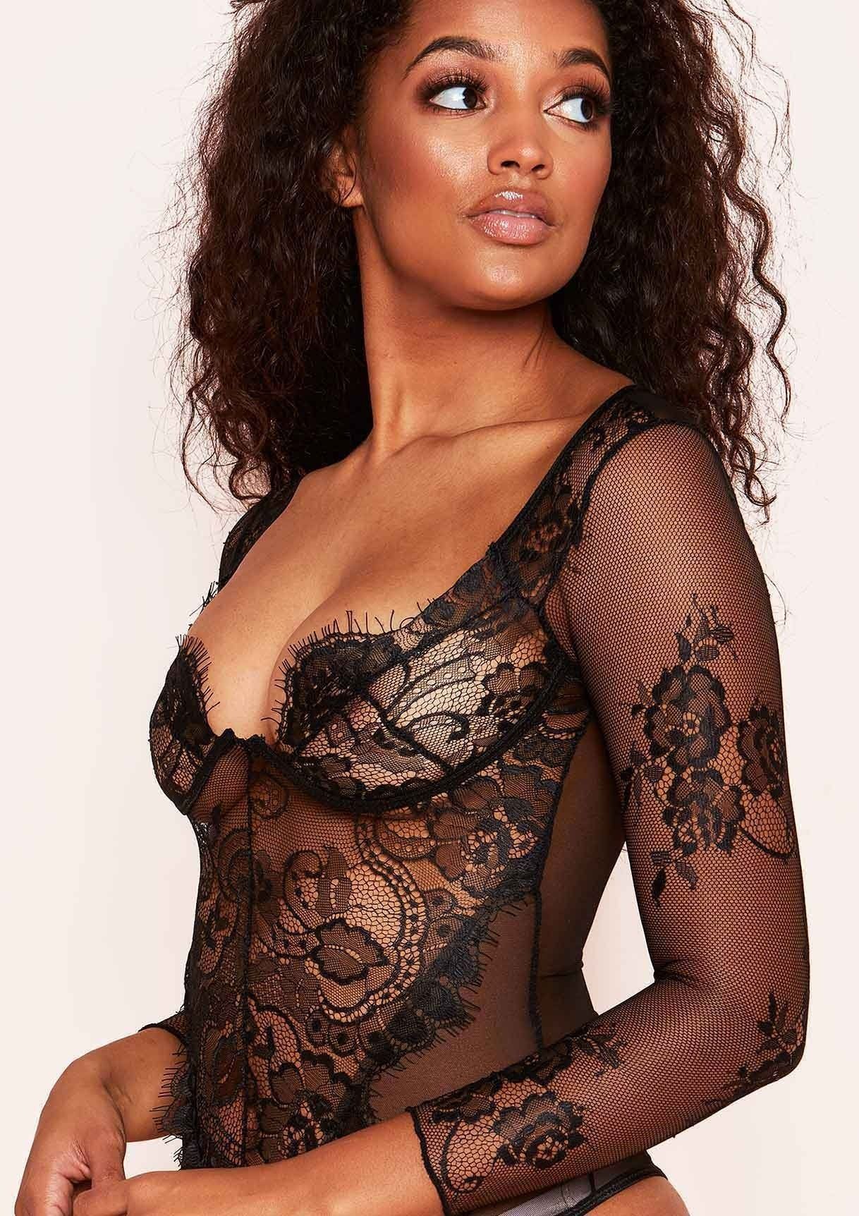 Patsy Black Lace Mesh Long Sleeve Bodysuit sold by Missy Empire product image thumbnail 3