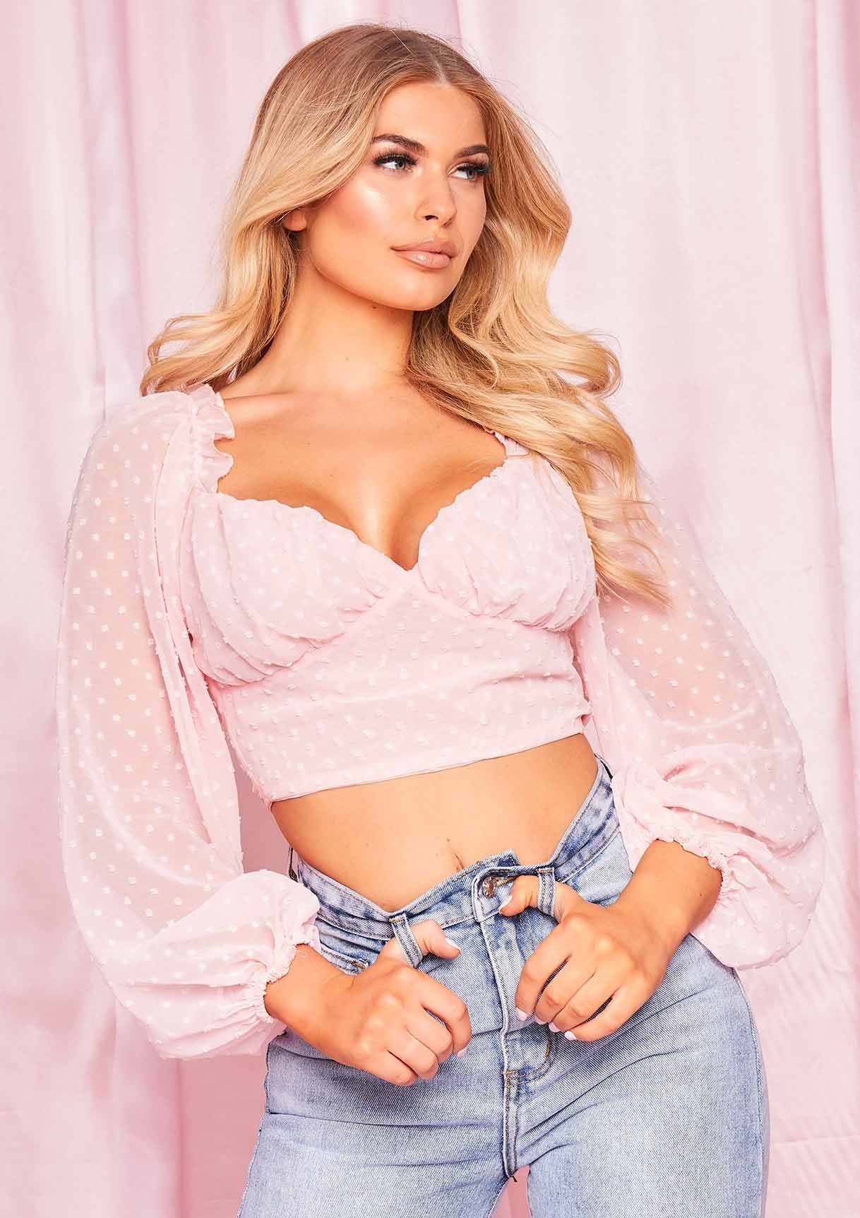 Kaia Pink Dobby Mesh Cup Detail Crop Top sold by Missy Empire