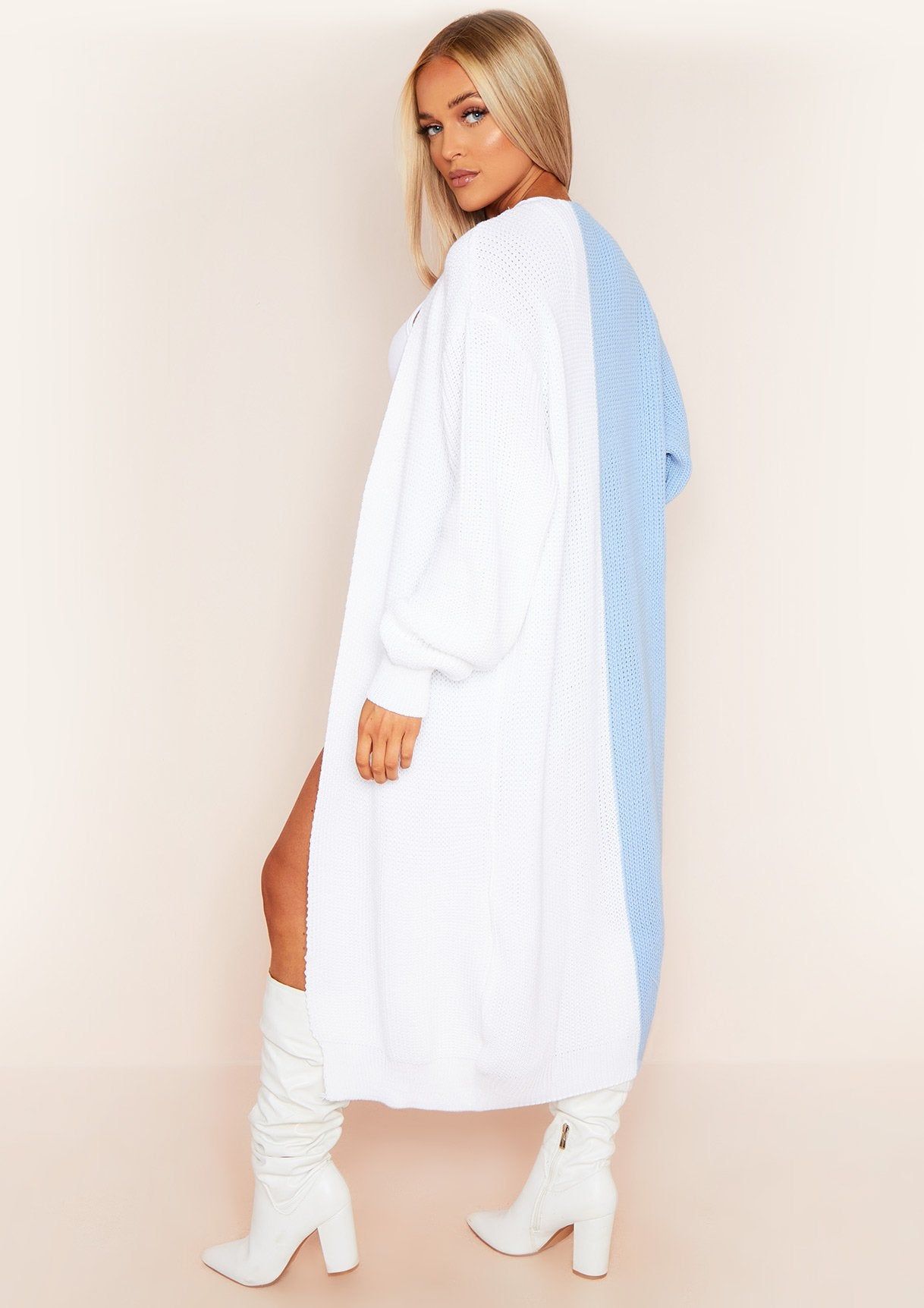 Chantel Blue White Contrast Spliced Longline Knitted Cardigan sold by Missy Empire product image thumbnail 2