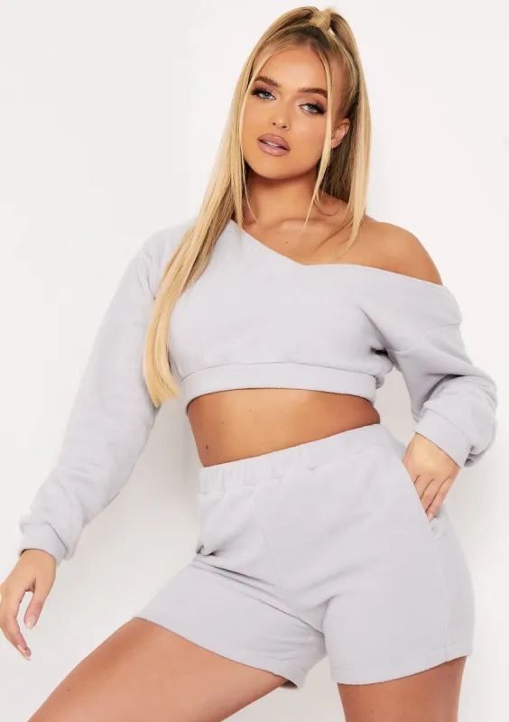Kazima Grey Fleece Off Shoulder Cropped Jumper sold by Missy Empire