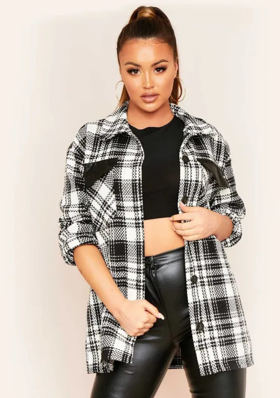 Taylor Black Faux Leather Check Print Longline Shacket sold by Missy Empire