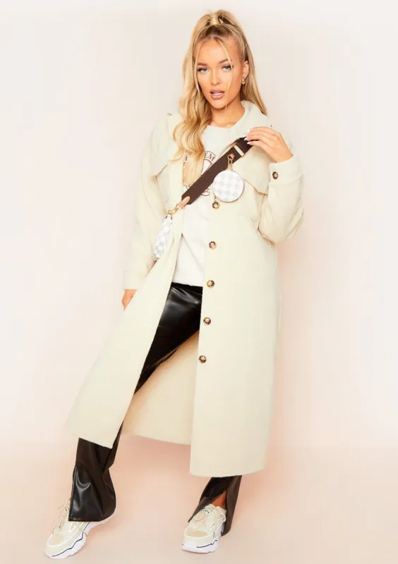 Reana Cream Pocket Front Longline Shacket sold by Missy Empire