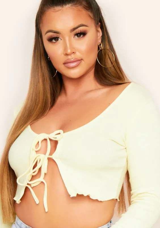 Kaley Yellow Double Tie Ribbed Knit Long Sleeve Top sold by Missy Empire