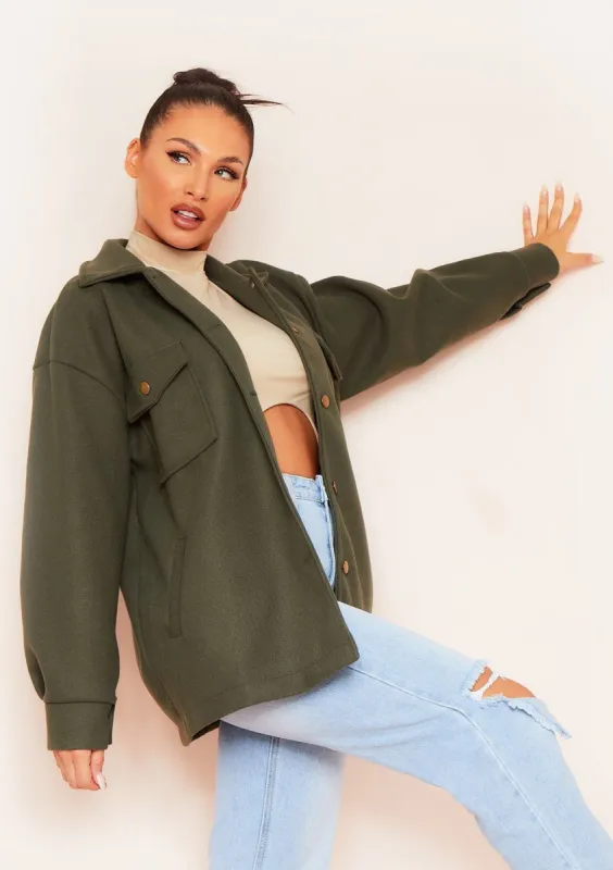 Lana Khaki Pocket Front Shacket sold by Missy Empire