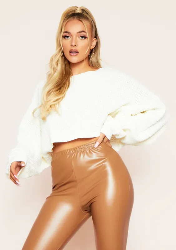 Rhea Cream Knitted Balloon Sleeve Cropped Jumper sold by Missy Empire