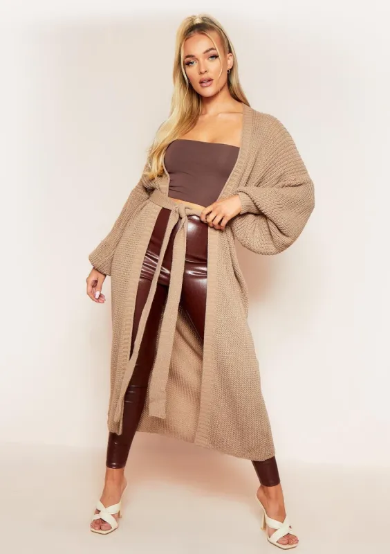 Marley Mocha Belted Balloon Sleeve Knitted Cardigan made by Missy Empire