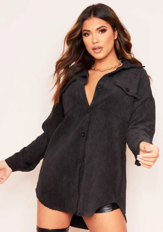 Leah Black Oversized Pocket Front Cord Button Shirt sold by Missy Empire