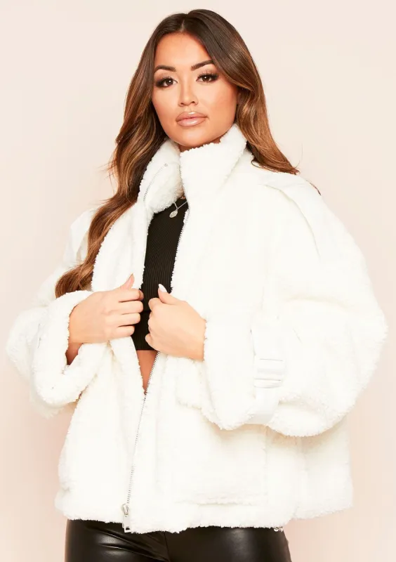 Stina White Oversized Borg Buckle Aviator Jacket sold by Missy Empire