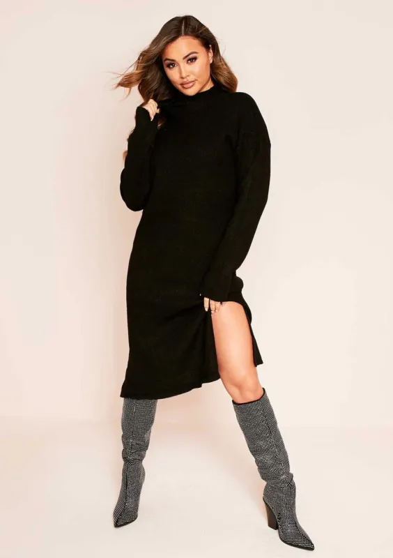Lilia Black Knitted Side Split Midi Dress sold by Missy Empire