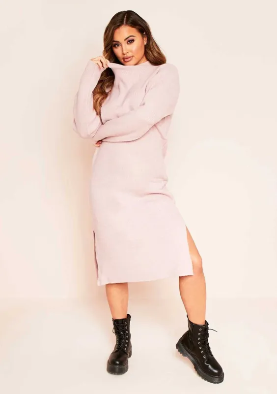 Lilia Pink Knitted Side Split Midi Dress sold by Missy Empire
