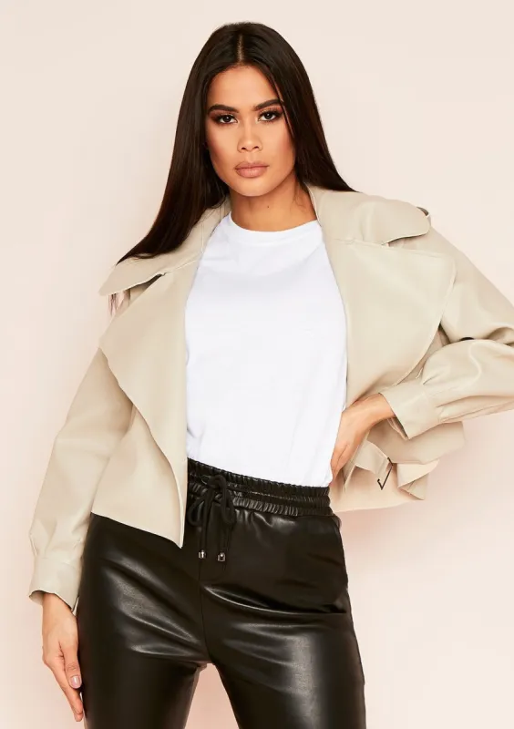 Consula Beige Oversized Cropped Leather Jacket sold by Missy Empire
