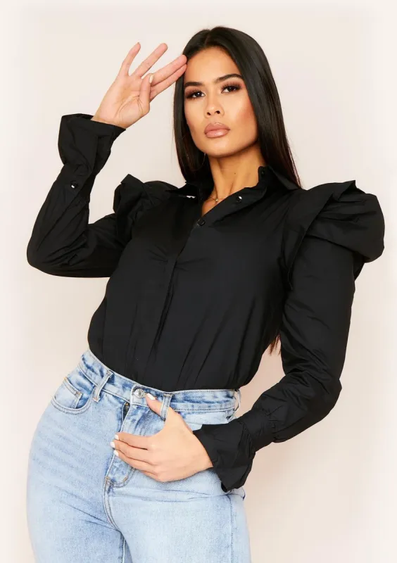 Delfina Black Puff Sleeve Shirt sold by Missy Empire