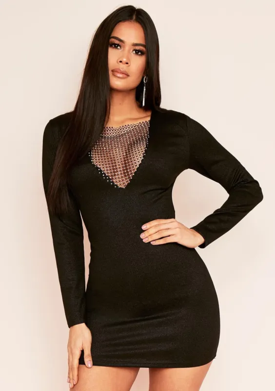 Livinia Black Diamante V Neck Mini Dress sold by Missy Empire