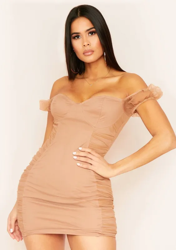 Petrona Nude Ruched Mesh Mini Dress made by Missy Empire