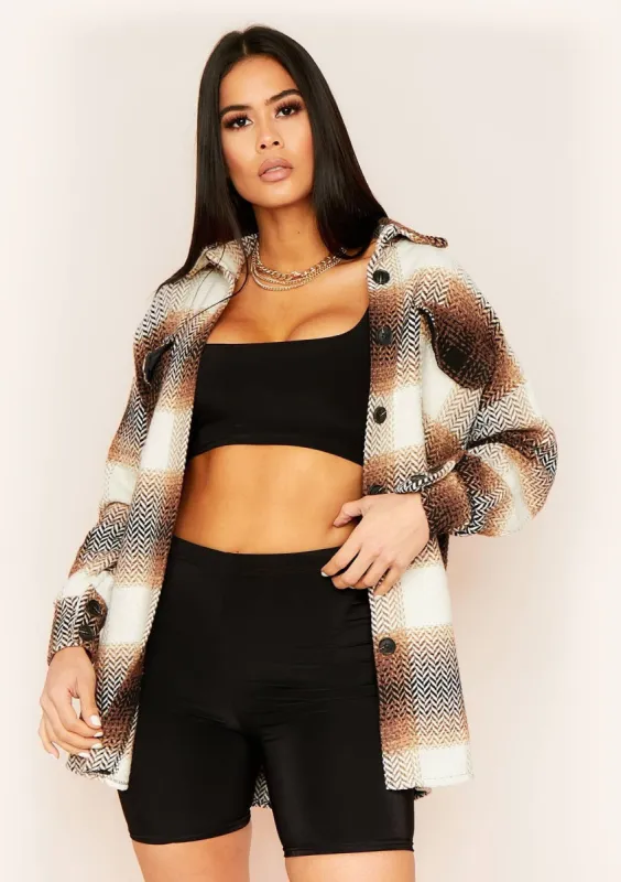 Liliosa Brown Longline Check Shacket sold by Missy Empire