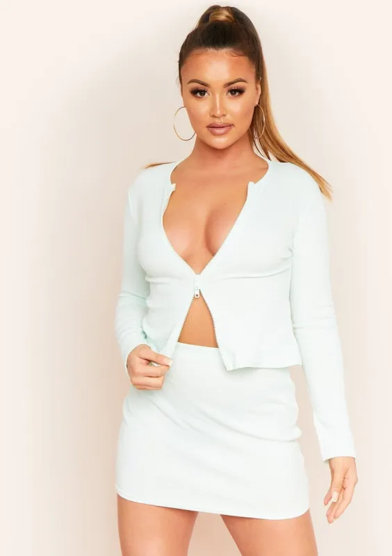 Elliana Mint Green Ribbed Double Zip Top sold by Missy Empire