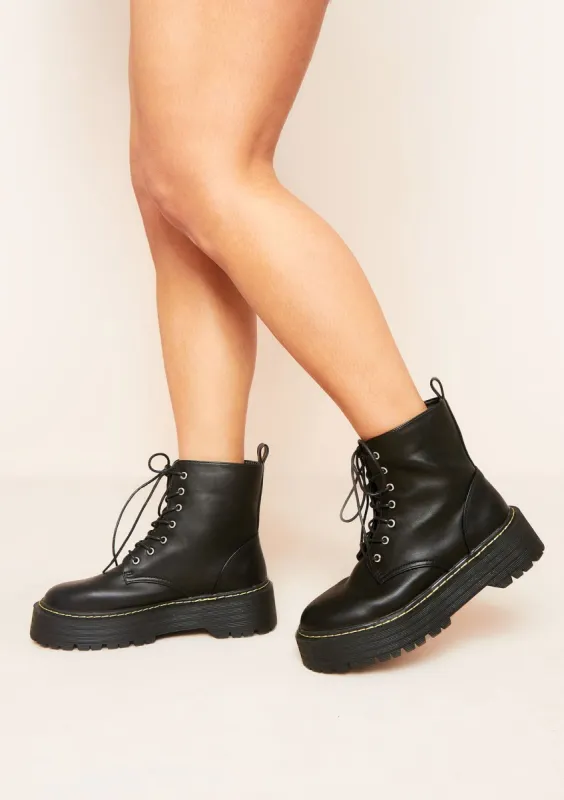 Inesita Black Vegan Leather Chunky Ankle Boots sold by Missy Empire