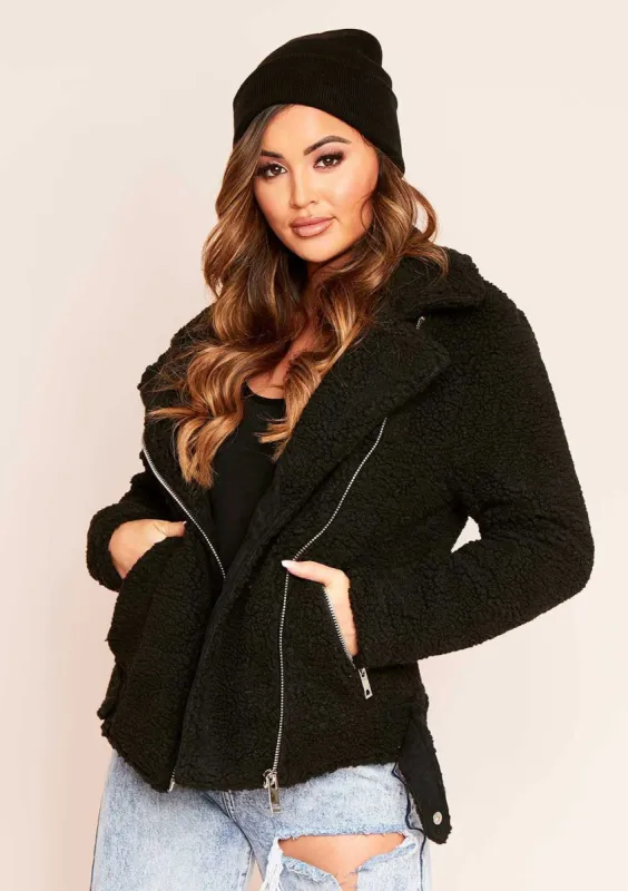 Belin Black Teddy Borg Biker Jacket made by Missy Empire