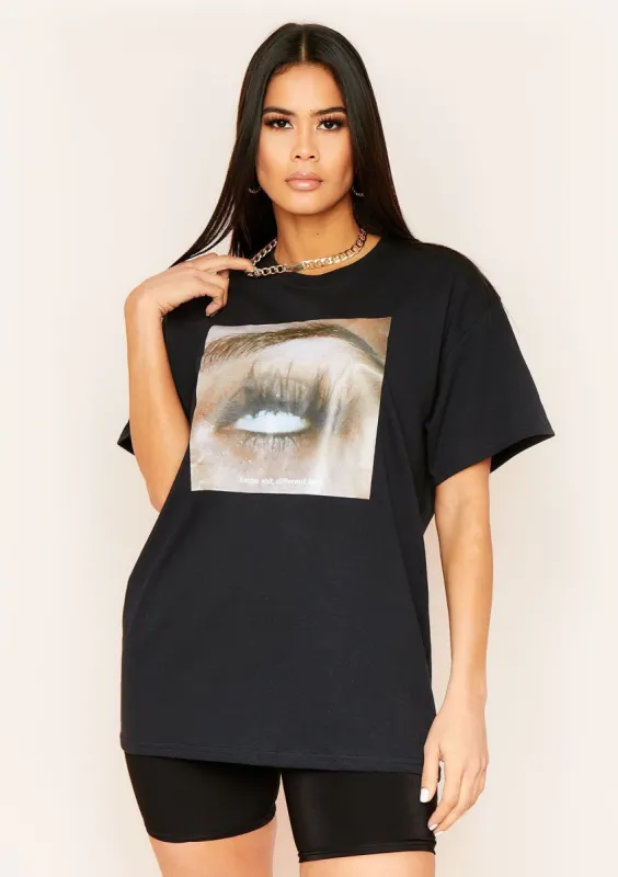 Jia Black Eye Roll Graphic Slogan Oversized T-Shirt sold by Missy Empire