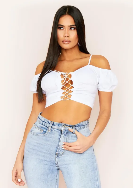 Emerson White Lace Up Crop Top sold by Missy Empire