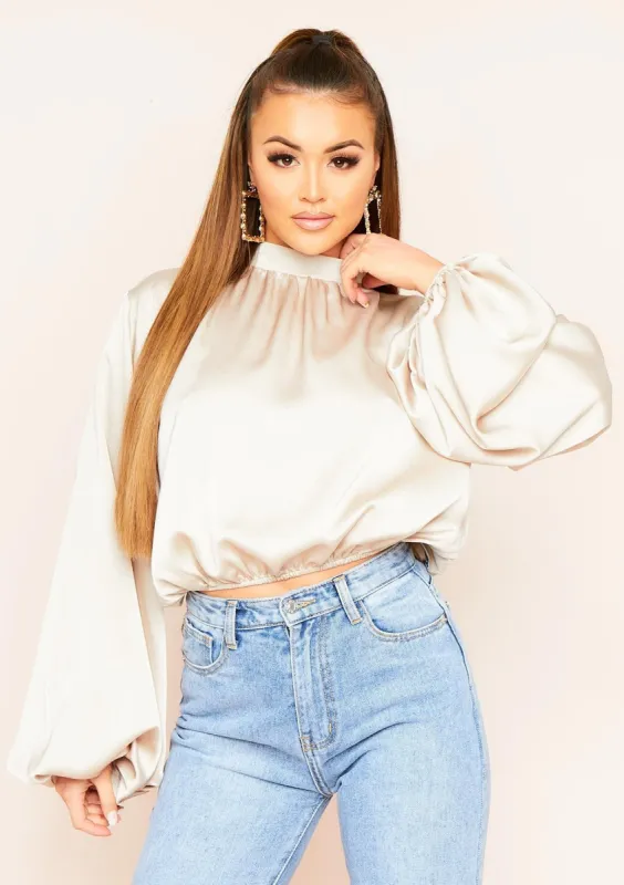 Seeta Beige Balloon Sleeve Satin Blouse sold by Missy Empire