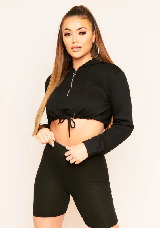 Hira Black Zip Drawstring Cropped Hoodie sold by Missy Empire