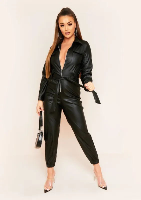Nisa Black Vegan Leather Jumpsuit sold by Missy Empire